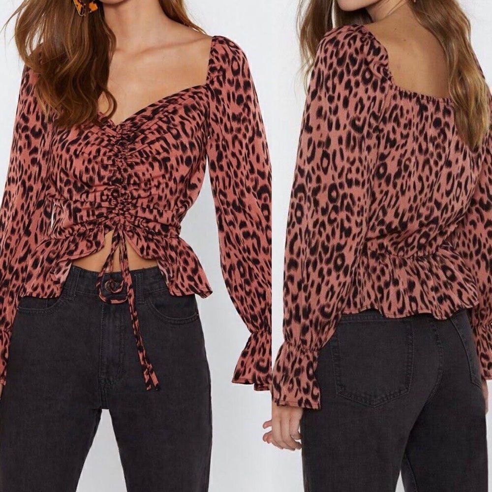 Nasty Gal Orange animal print blouse crop top long puff  sleeve -US 6